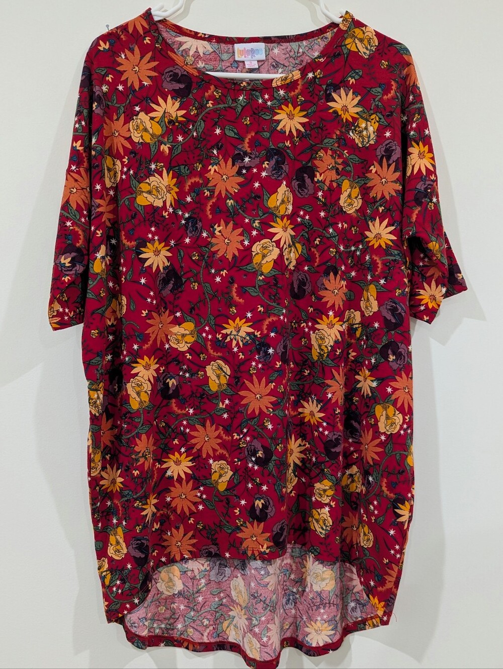 LuLaRoe Red Floral Tunic with Yellow & Orange Blooms